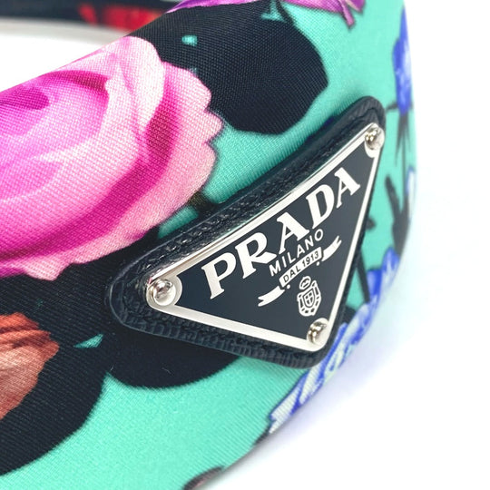 PRADA hair accessory Nylon green Flower flower pattern Triangle logo plate Women Used Authentic