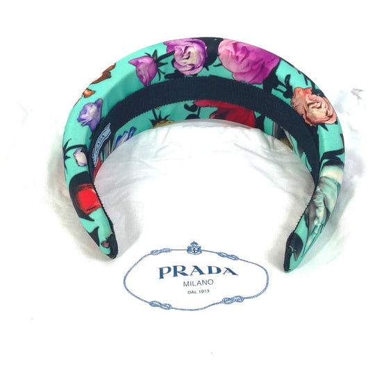 PRADA hair accessory Nylon green Flower flower pattern Triangle logo plate Women Used Authentic