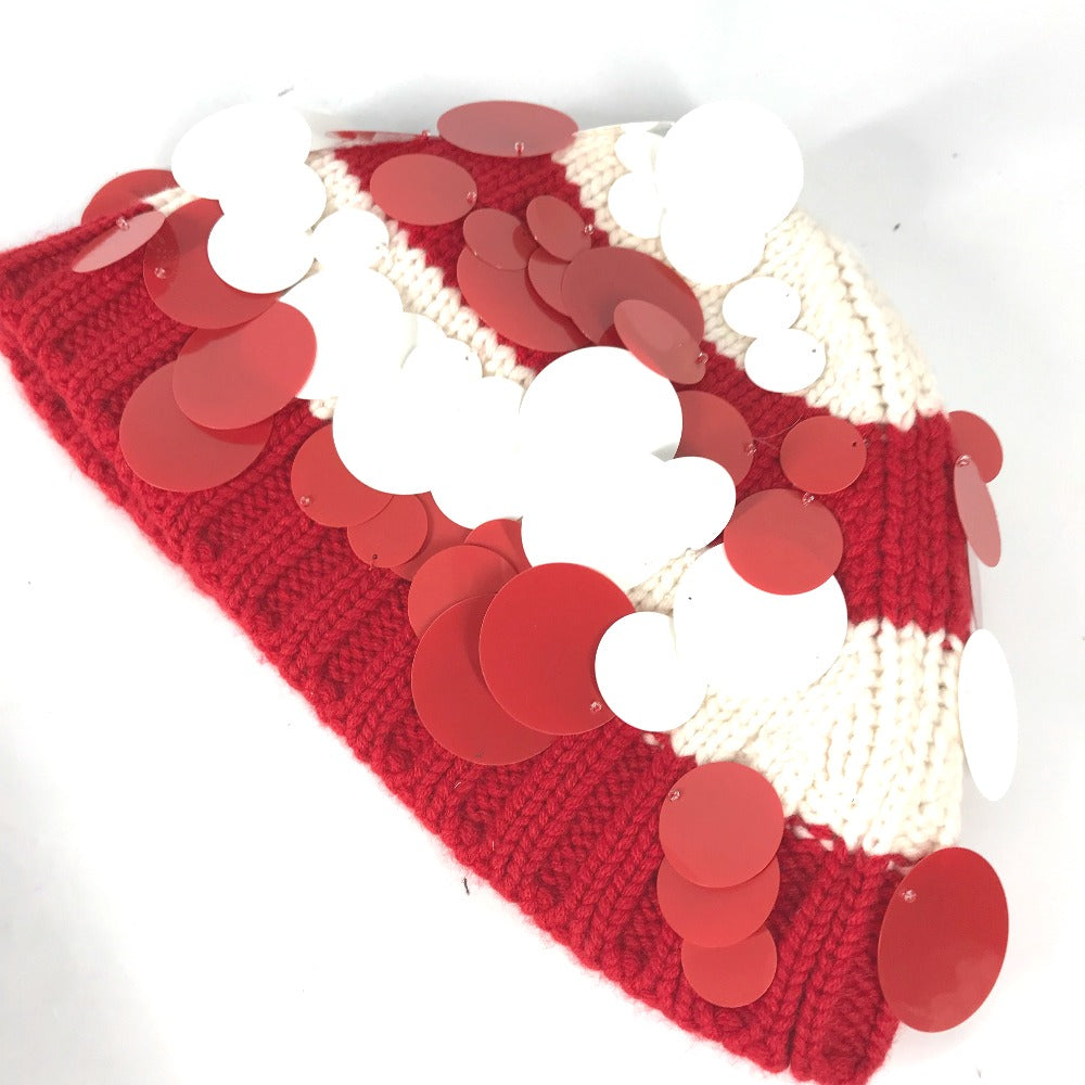 PRADA Knit hat cashmere Red Sequin Women M Used Authentic
