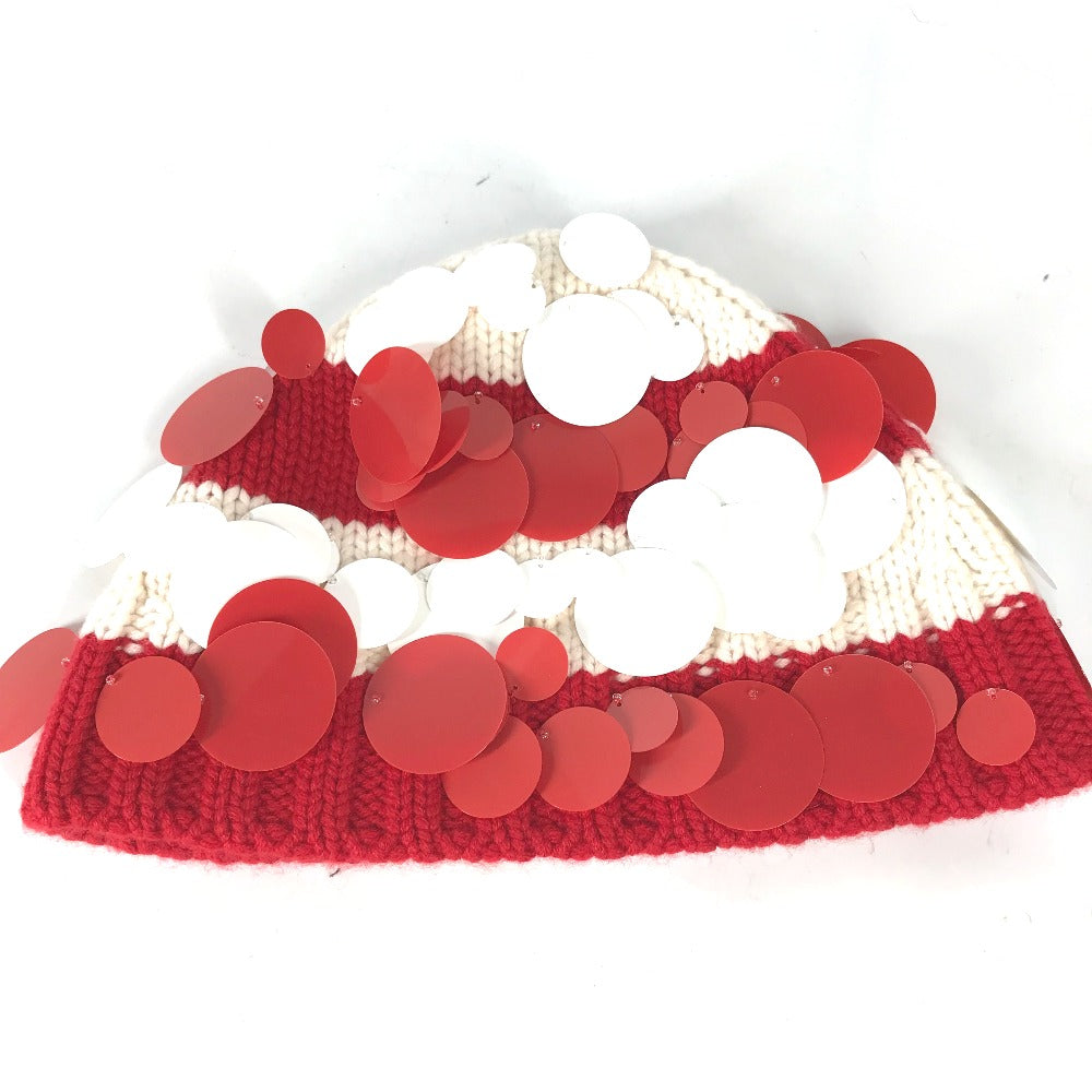 PRADA Knit hat cashmere Red Sequin Women M Used Authentic