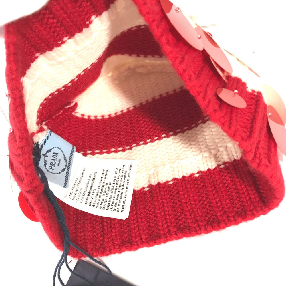 PRADA Knit hat cashmere Red Sequin Women M Used Authentic
