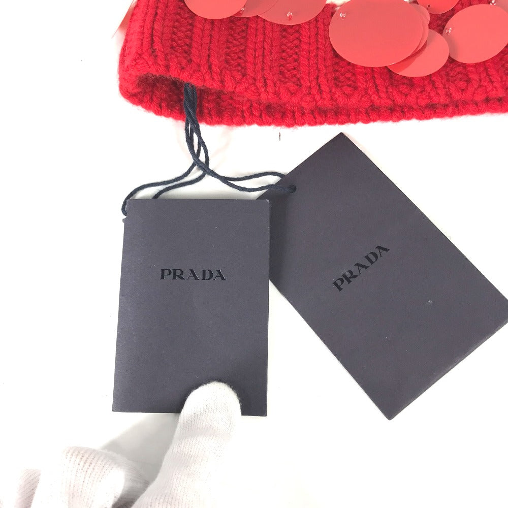 PRADA Knit hat cashmere Red Sequin Women M Used Authentic