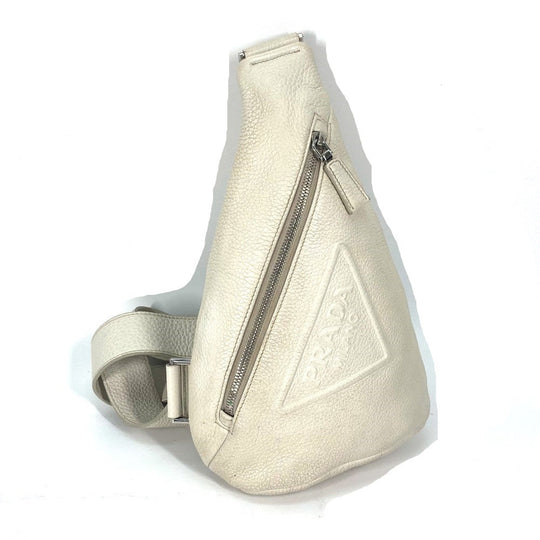 PRADA Sling bag 2VZ098 leather white Triangle logo Cross Vitello Dino Leather Bag mens Used Authentic