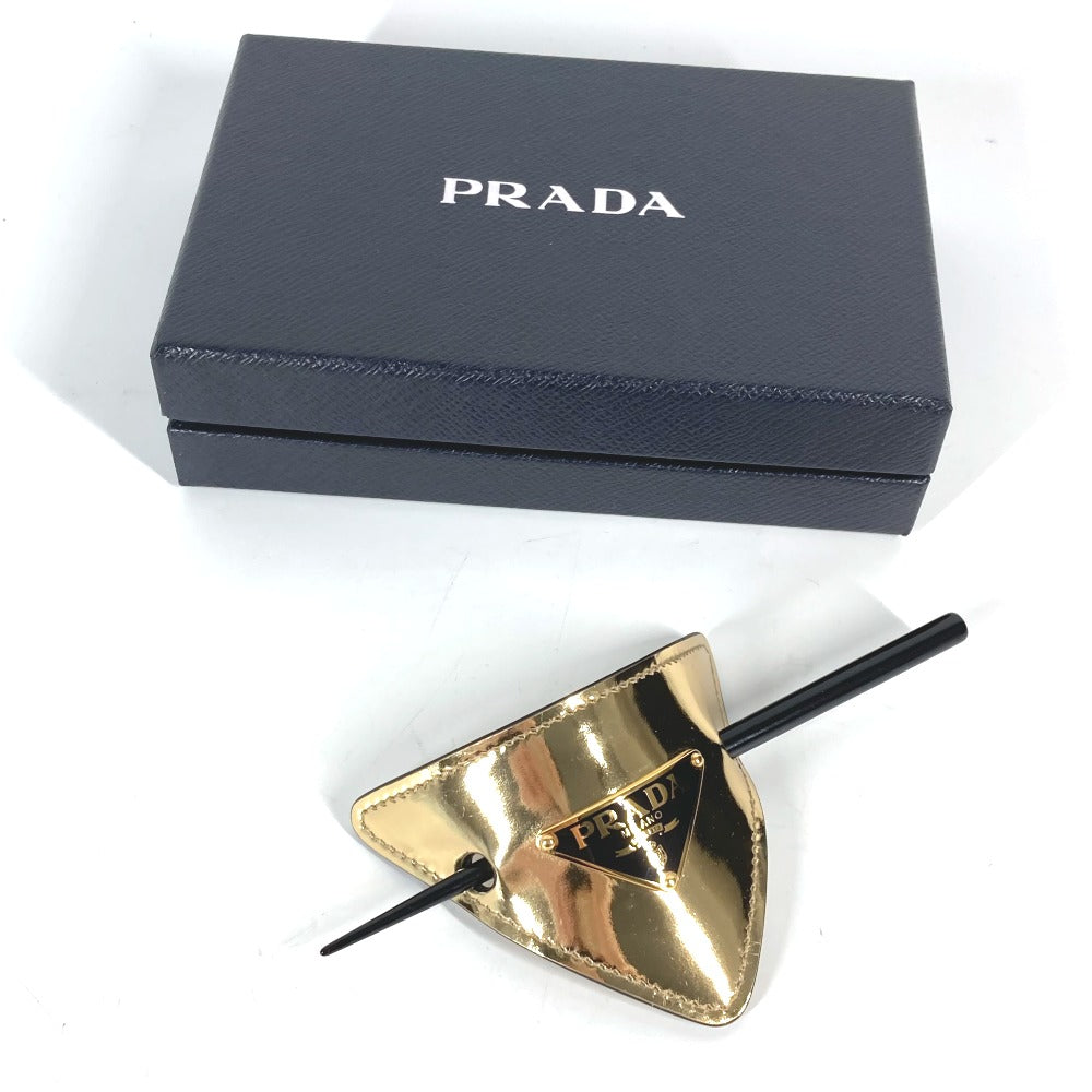 PRADA hair accessory 1IF004 leather gold hair accessory triangle logo Women Used Authentic