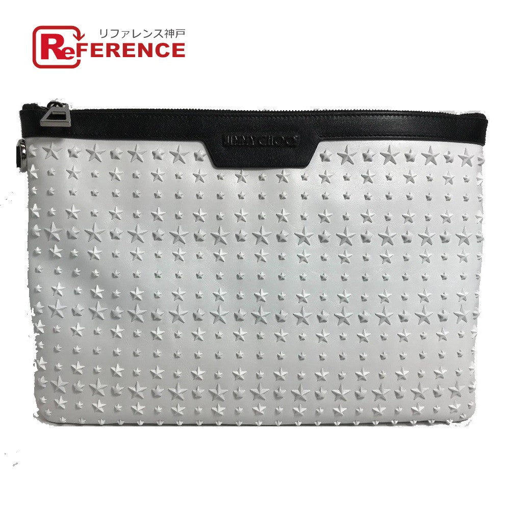 JIMMY CHOO Clutch bag leather White x black Star studs DEREK mens Used Authentic