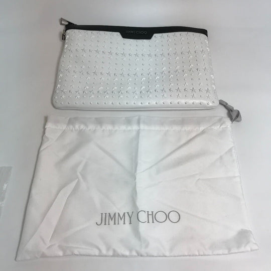 JIMMY CHOO Clutch bag leather White x black Star studs DEREK mens Used Authentic