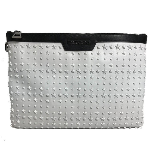 JIMMY CHOO Clutch bag leather White x black Star studs DEREK mens Used Authentic