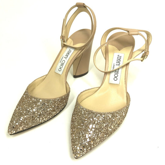 JIMMY CHOO Sandals Sequin beige shoes strap Women 35 1/2 Used Authentic