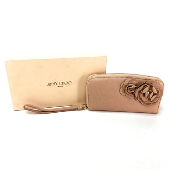 JIMMY CHOO Long Wallet Purse lambskin pink beige With Strap Wallet/long wallet Women Used Authentic