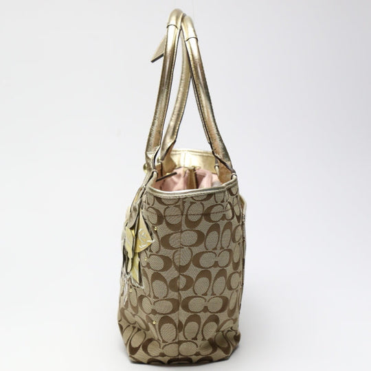 COACH Tote Bag F16276 canvas Khaki x Gold Signature Shoulder back Applique Women Used Authentic