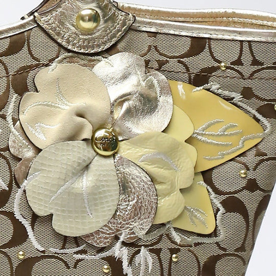 COACH Tote Bag F16276 canvas Khaki x Gold Signature Shoulder back Applique Women Used Authentic