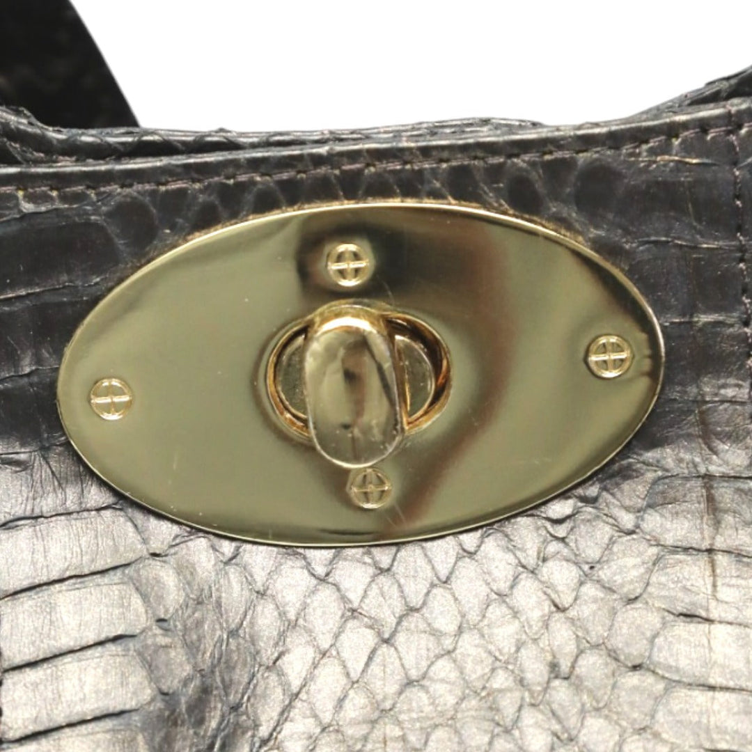SNAKE Tote Bag 14678A Luxury Leather Gun Black 2WAY bag Pouch in With key Women Used Authentic