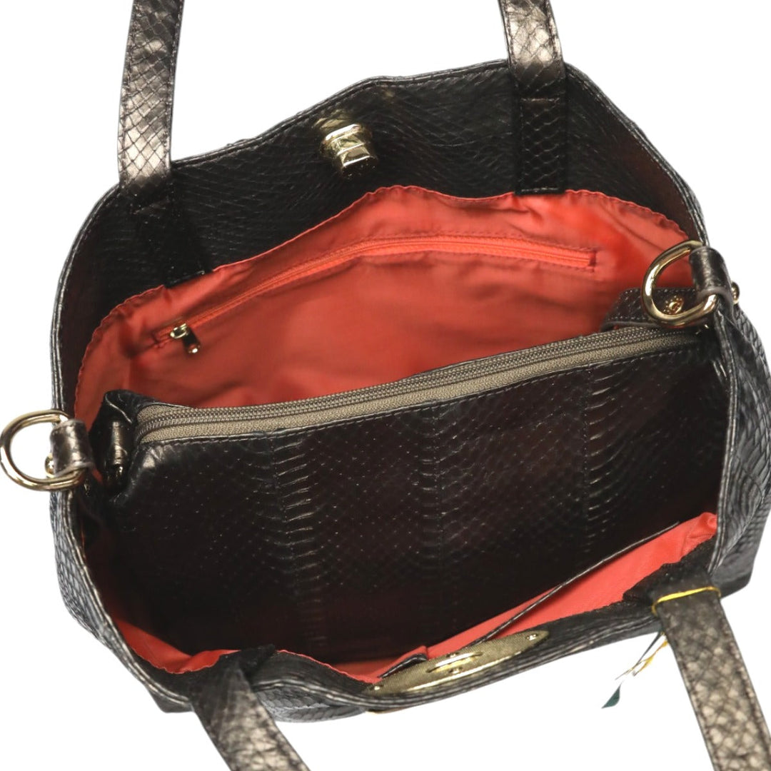 SNAKE Tote Bag 14678A Luxury Leather Gun Black 2WAY bag Pouch in With key Women Used Authentic