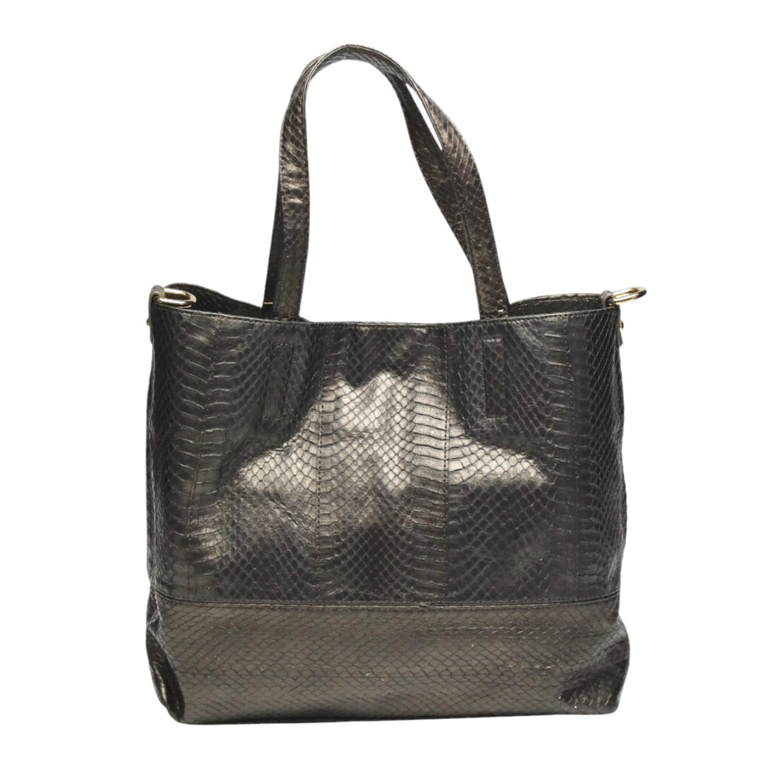 SNAKE Tote Bag 14678A Luxury Leather Gun Black 2WAY bag Pouch in With key Women Used Authentic