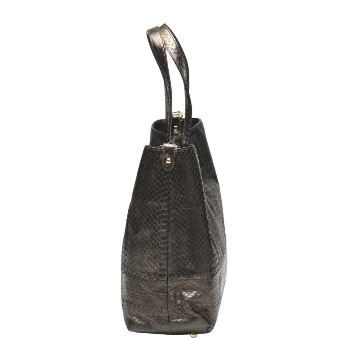 SNAKE Tote Bag 14678A Luxury Leather Gun Black 2WAY bag Pouch in With key Women Used Authentic