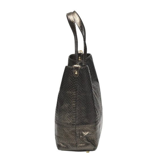 SNAKE Tote Bag 14678A Luxury Leather Gun Black 2WAY bag Pouch in With key Women Used Authentic