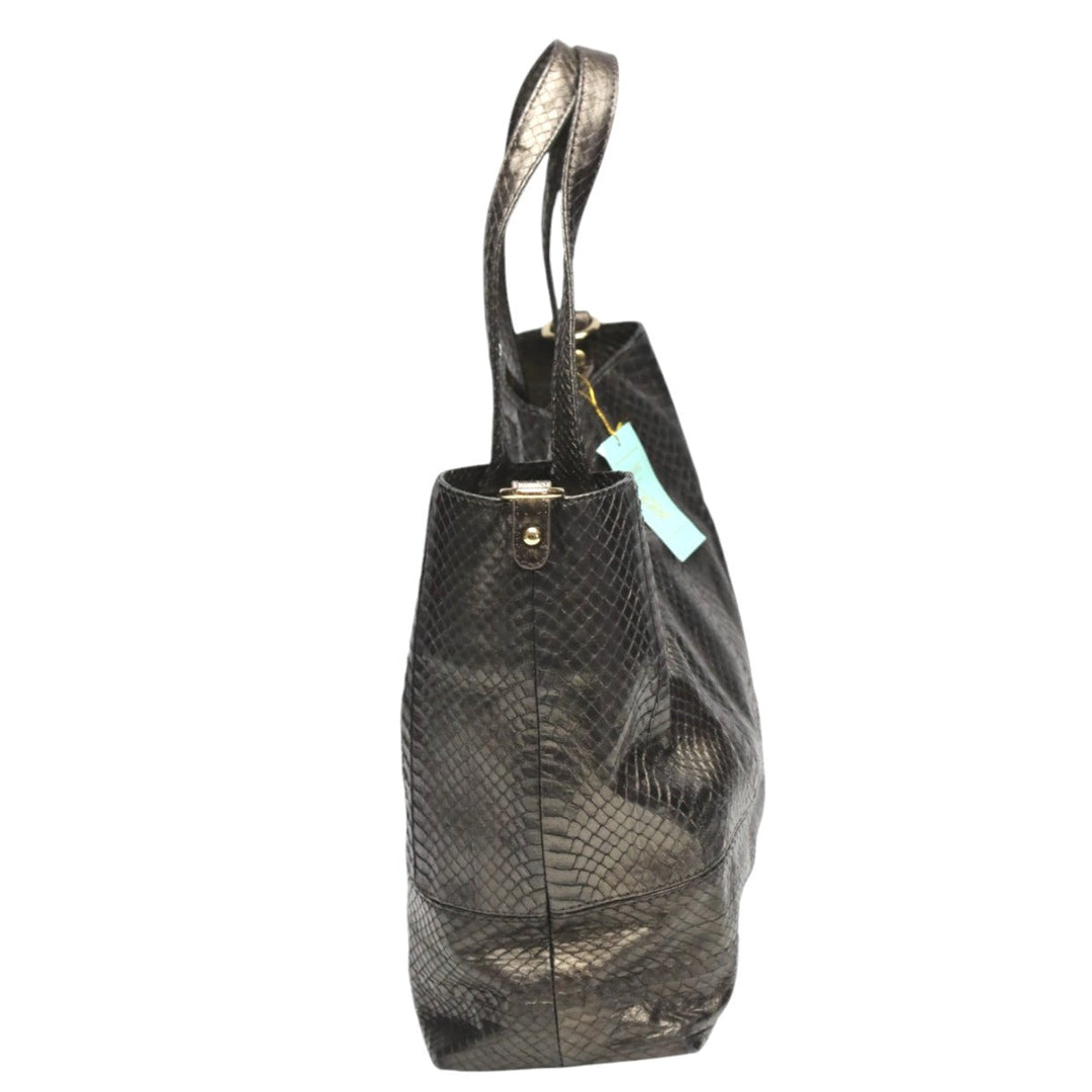 SNAKE Tote Bag 14678A Luxury Leather Gun Black 2WAY bag Pouch in With key Women Used Authentic