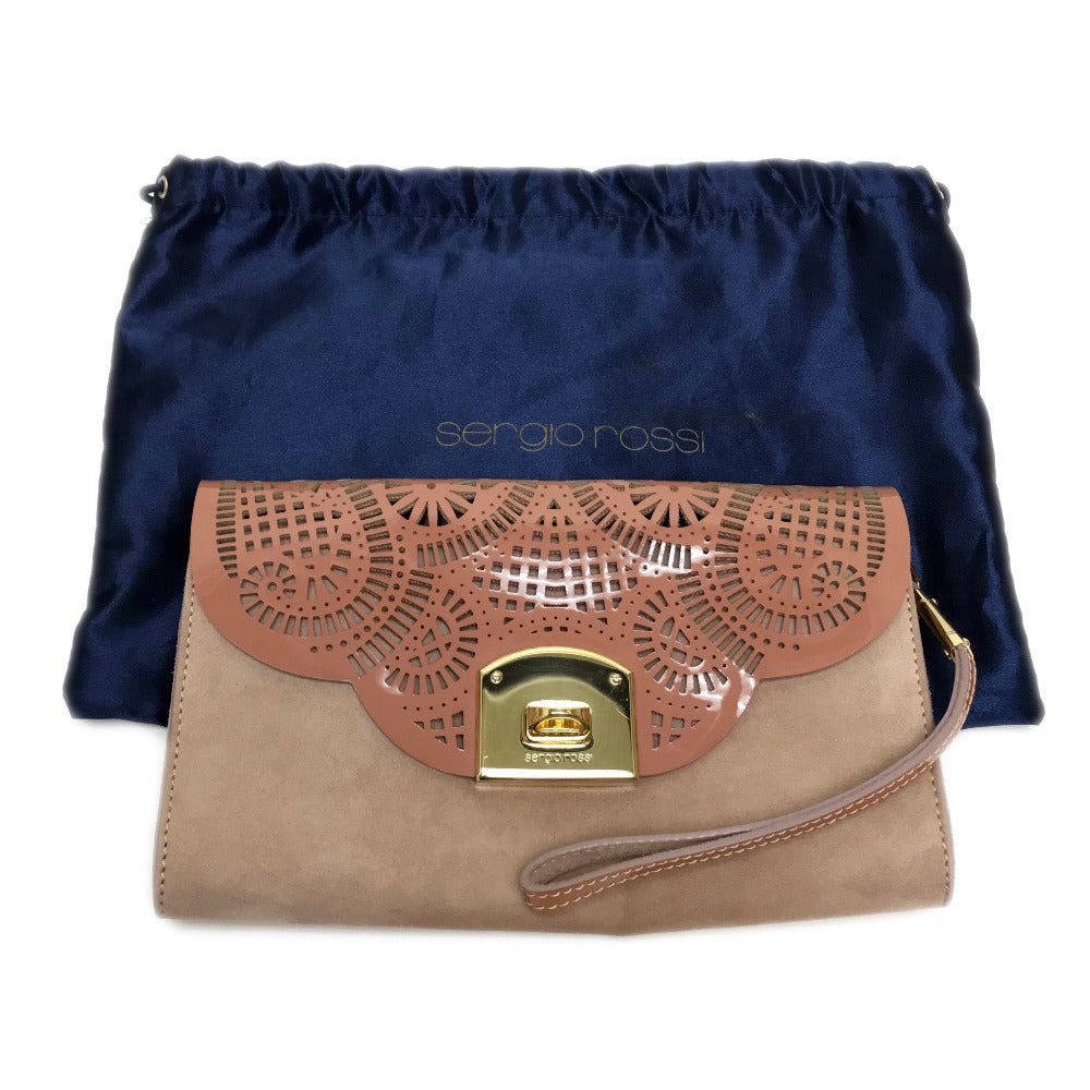 Sergio Rossi Clutch bag Suede / patent leather Pink beige type Pouch Clutch bag Women Used Authentic