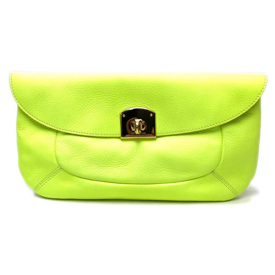 Sergio Rossi Clutch bag leather Fluorescent yellow Turn lock Clutch bag Women Used Authentic