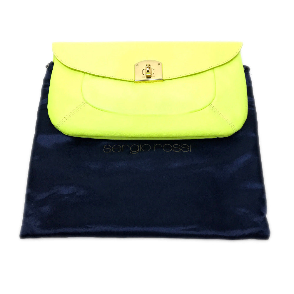 Sergio Rossi Clutch bag leather Fluorescent yellow Turn lock Clutch bag Women Used Authentic