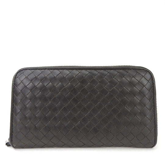 BOTTEGAVENETA Long Wallet Purse Calfskin Dark brown INTRECCIATO mens Used Authentic