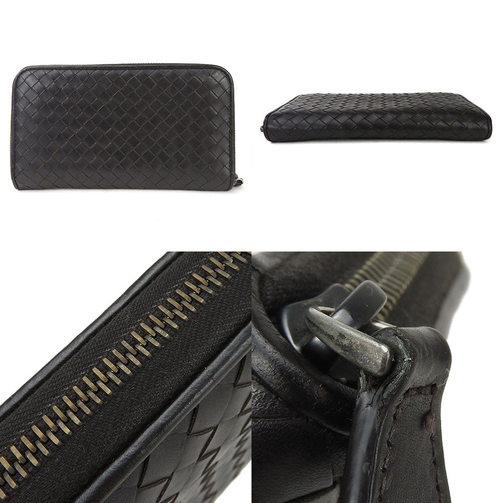BOTTEGAVENETA Long Wallet Purse Calfskin Dark brown INTRECCIATO mens Used Authentic