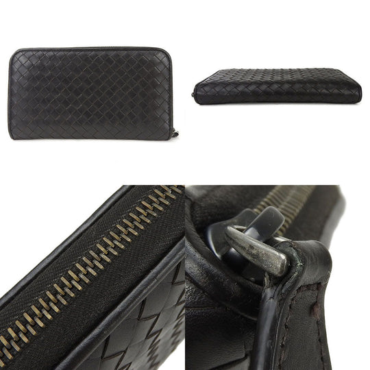 BOTTEGAVENETA Long Wallet Purse Calfskin Dark brown INTRECCIATO mens Used Authentic