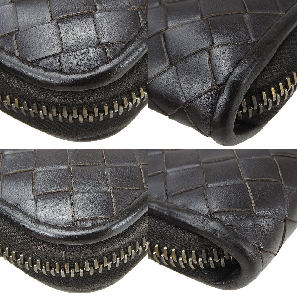 BOTTEGAVENETA Long Wallet Purse Calfskin Dark brown INTRECCIATO mens Used Authentic