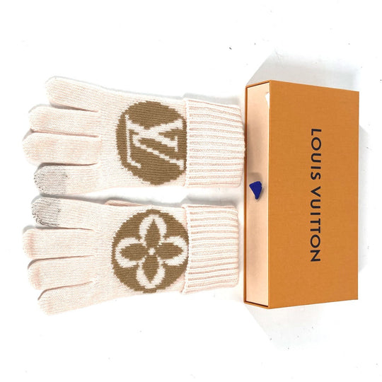 LOUIS VUITTON gloves M79254 wool beige flight mode Globe Maille LV Medallion Women Used Authentic