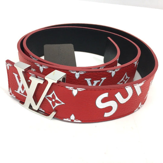 LOUIS VUITTON belt MP015 leather Red Louis Vuitton x Supreme Monogram Saintur LV Initial mens 100/40 Used Authentic