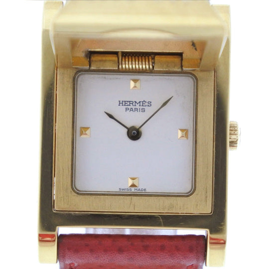 HERMES Watches Quartz Plated Gold , Leather gold Medor White dial Women Used Authentic