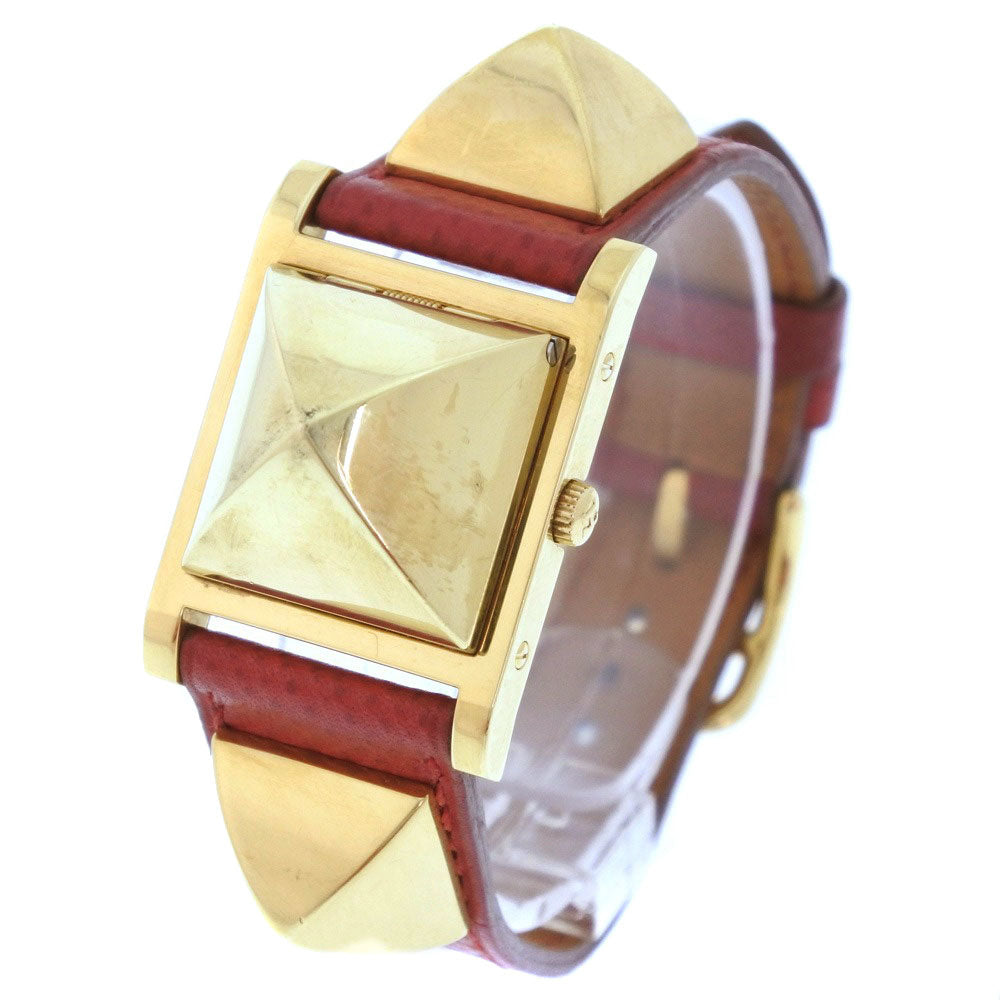 HERMES Watches Quartz Plated Gold , Leather gold Medor White dial Women Used Authentic