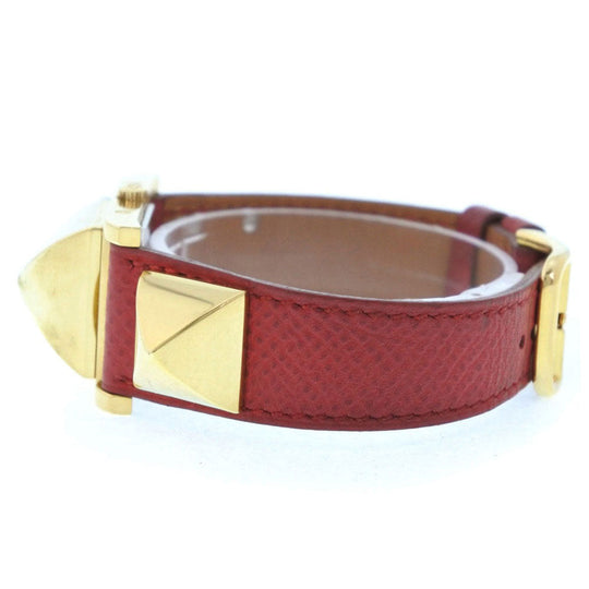 HERMES Watches Quartz Plated Gold , Leather gold Medor White dial Women Used Authentic