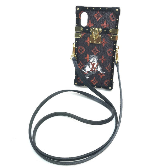 LOUIS VUITTON iPhone case M63891 Monogram canvas Black x orange Transformed monogram Eye Trunk Catgram Women Used Authentic