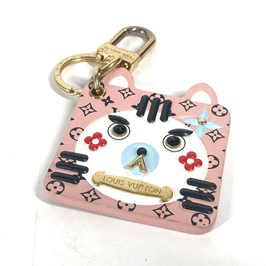 LOUIS VUITTON key ring M68452 leather pink Portocle Fun Face Monogram Cat Women Secondhand Authentic