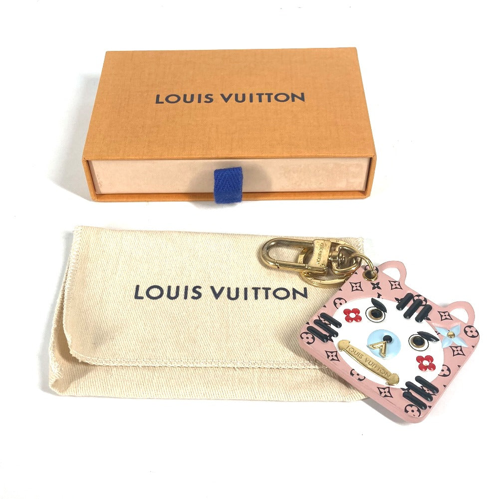 LOUIS VUITTON key ring M68452 leather pink Portocle Fun Face Monogram Cat Women Secondhand Authentic