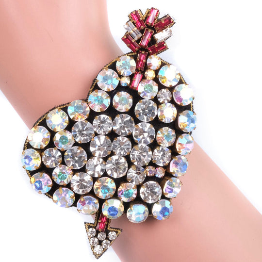 GUCCI bracelet Leather, Rhinestone clear Bijoux pierced heart Women Used Authentic