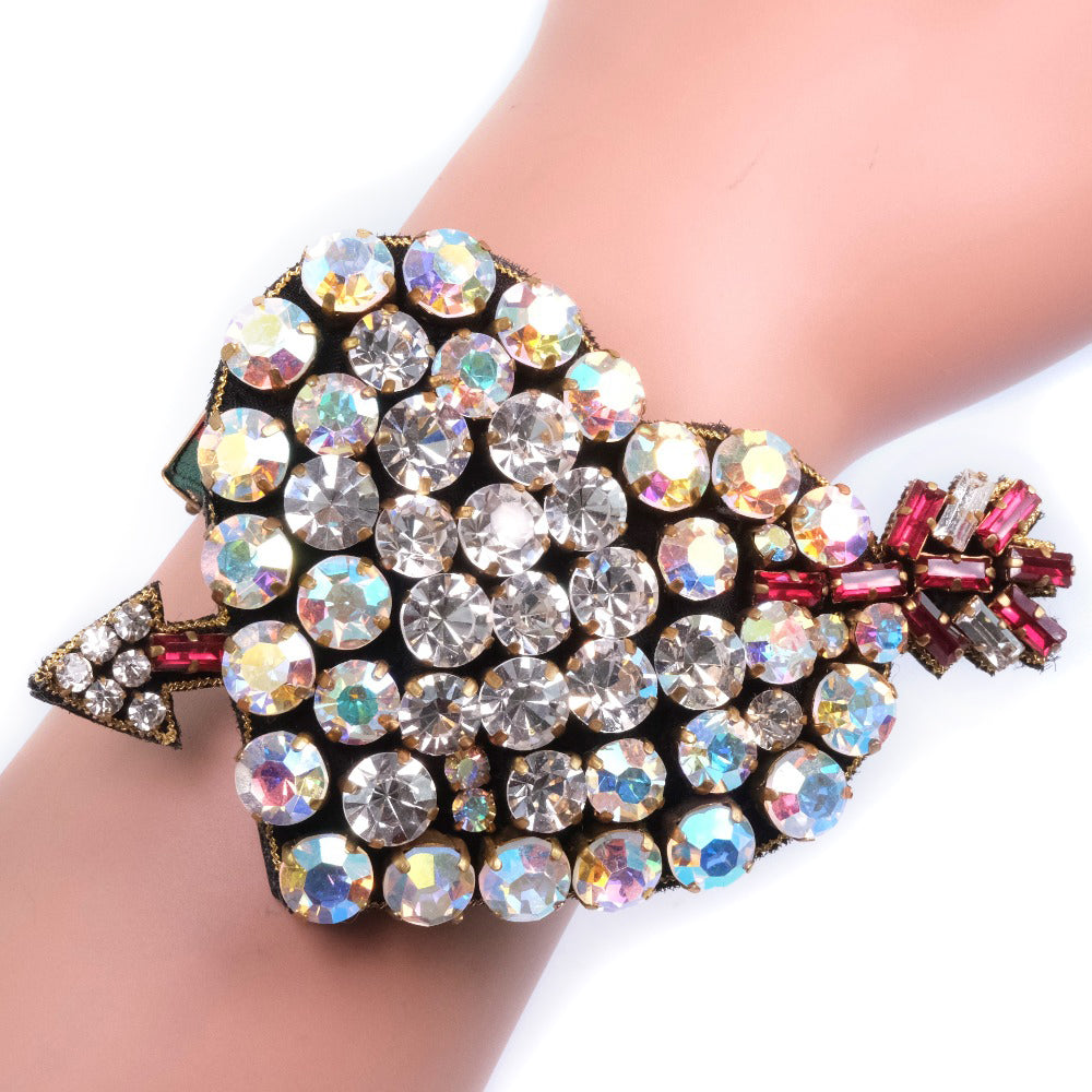 GUCCI bracelet Leather, Rhinestone clear Bijoux pierced heart Women Used Authentic