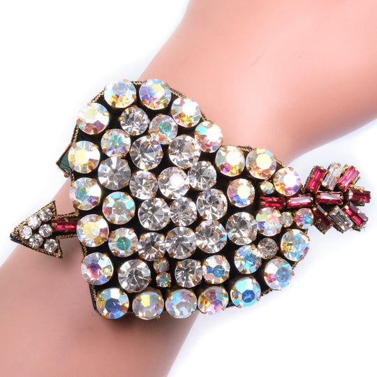 GUCCI bracelet Leather, Rhinestone clear Bijoux pierced heart Women Used Authentic
