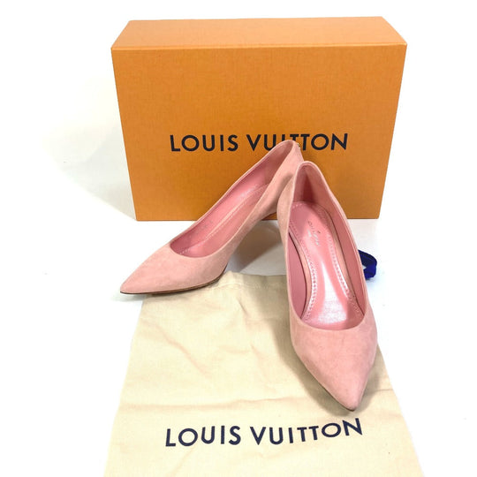LOUIS VUITTON pumps suede pink Heel Shoes with LV logo Metal Women 35 1/2 Used Authentic
