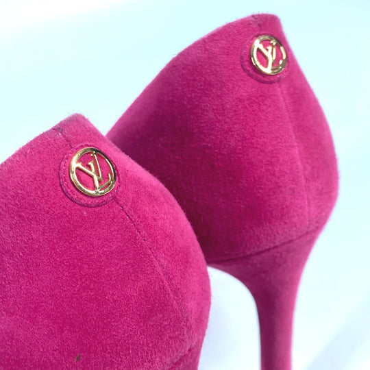 LOUIS VUITTON pumps suede pink LV circle logo High heels Women 34 1/2 Used Authentic