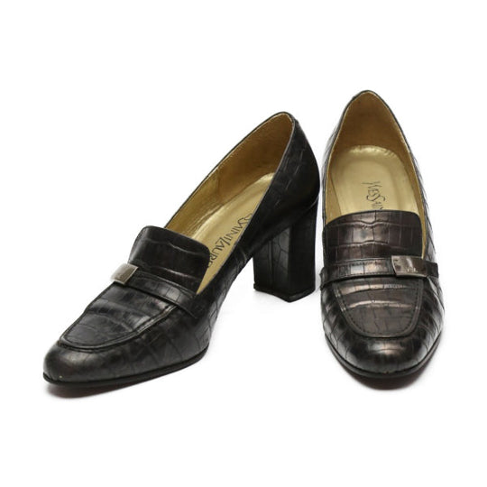 YVES SAINT LAURENT pumps leather black YSL Embossing Women 36 Used Authentic