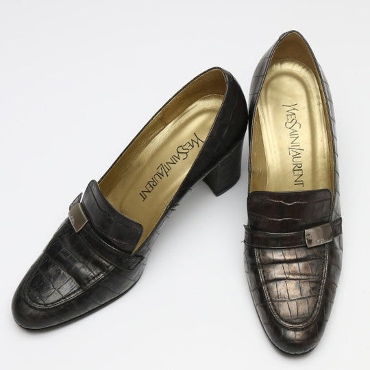 YVES SAINT LAURENT pumps leather black YSL Embossing Women 36 Used Authentic