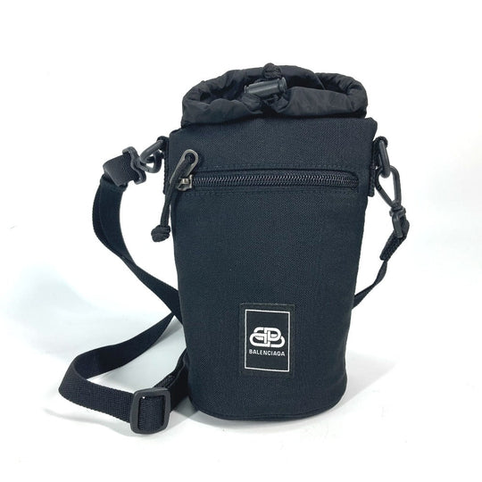 BALENCIAGA Shoulder Bag 618193 Nylon,leather black Bottle Holder Drawstring Bag logo Women Used Authentic