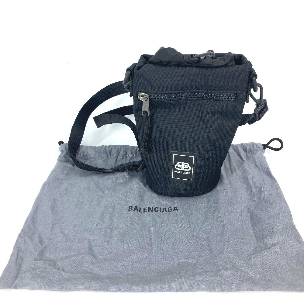 BALENCIAGA Shoulder Bag 618193 Nylon,leather black Bottle Holder Drawstring Bag logo Women Used Authentic
