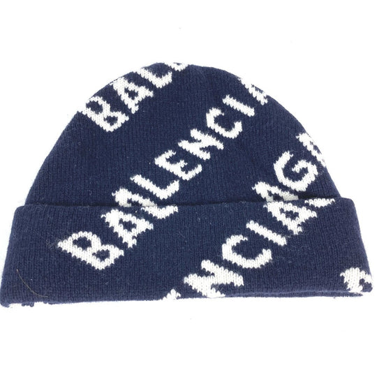 BALENCIAGA Knit hat 633717 wool Navy logo Women Used Authentic