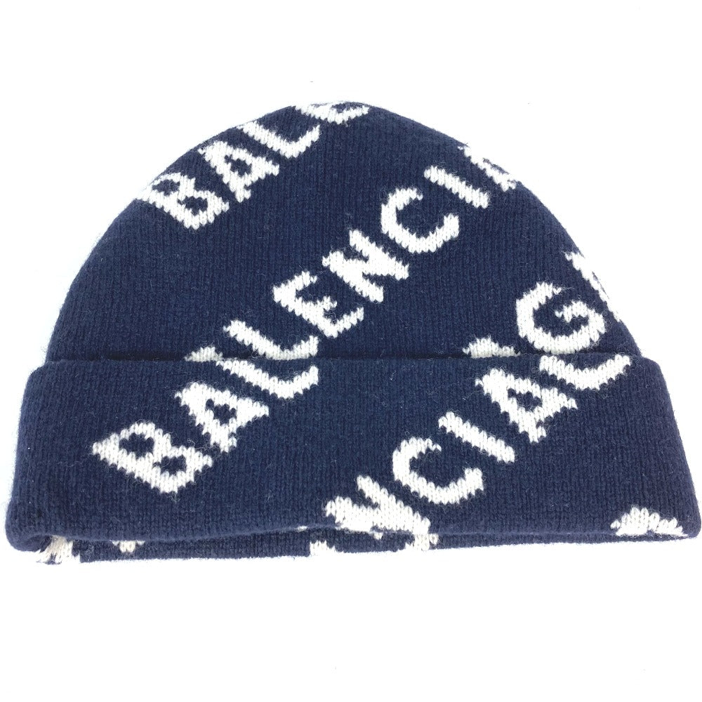 BALENCIAGA Knit hat 633717 wool Navy logo Women Used Authentic