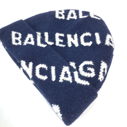 BALENCIAGA Knit hat 633717 wool Navy logo Women Used Authentic