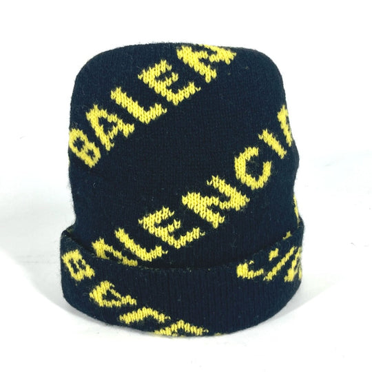 BALENCIAGA Knit hat 555282 wool black Logo all-over pattern mens Used Authentic
