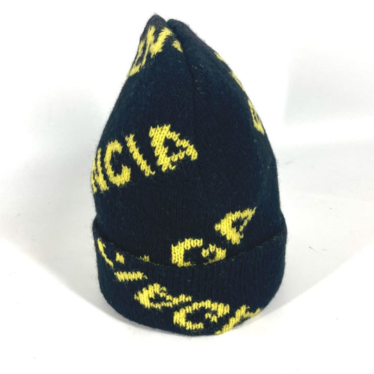 BALENCIAGA Knit hat 555282 wool black Logo all-over pattern mens Used Authentic
